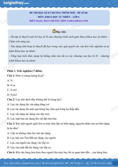 Đề thi học kì 2 KHTN 6 Chân trời sáng tạo - Đề 8